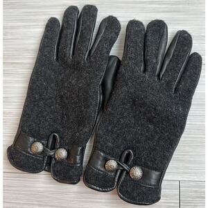 Women's Black Wool Leather Lined Wrist Gloves with Button Accent